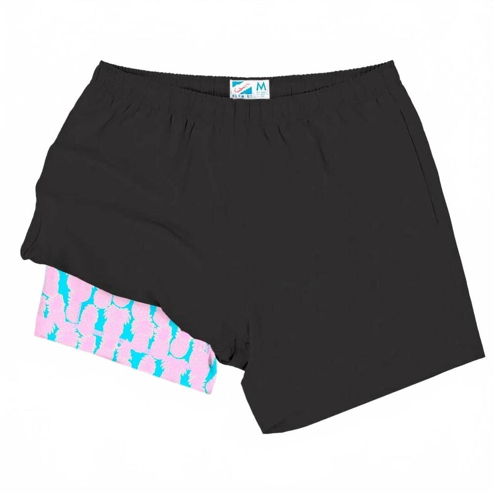 NEW BERMIES men's swim trunks in black with blue/pink pineapples